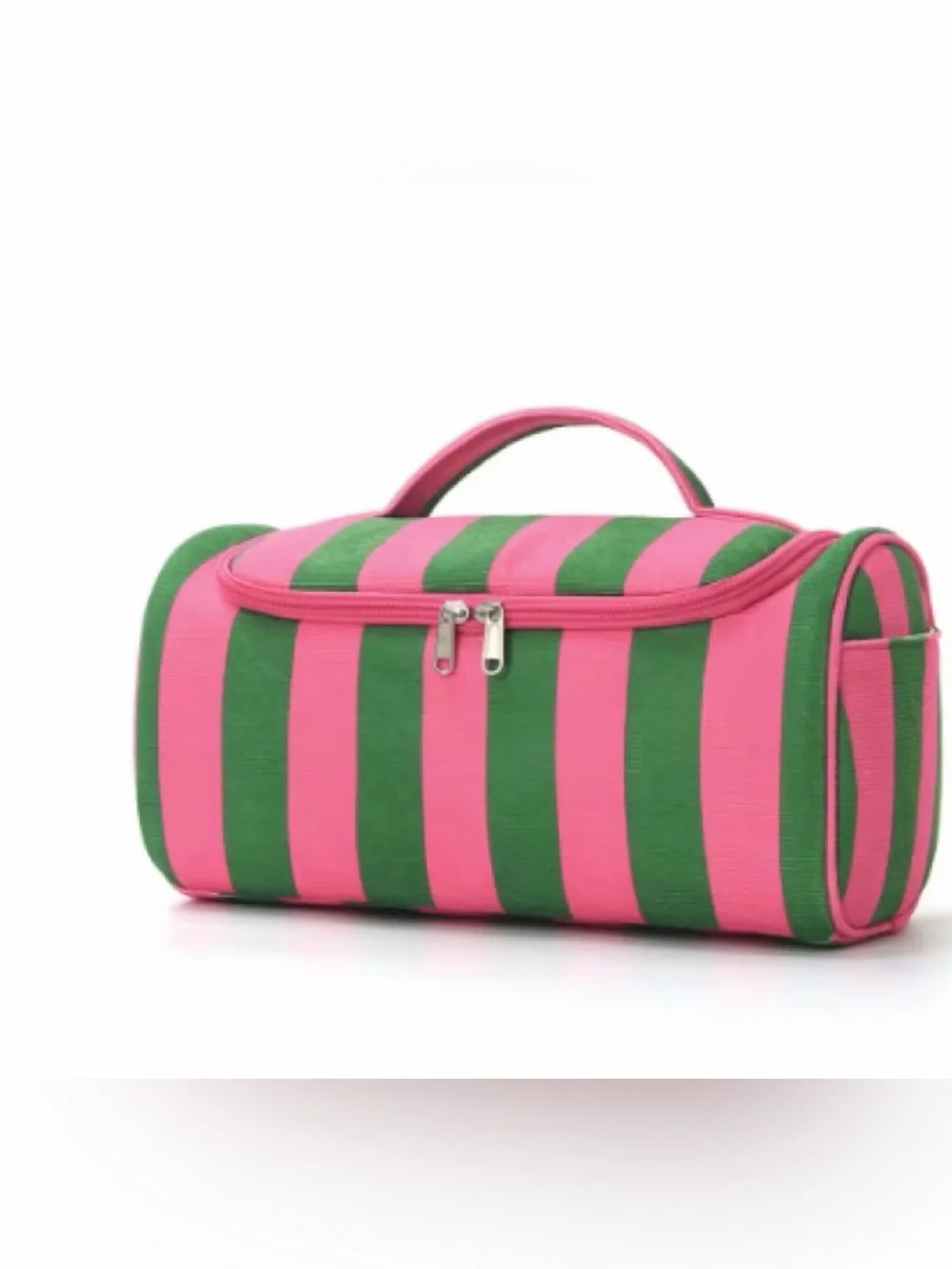 Hot Pink Green Striped Zip Large Handle Canvas Cosmetic Bag Tote Case Pocket